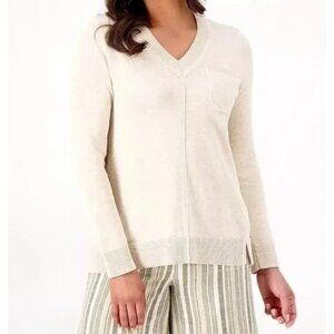 Isaac Mizrahi Live V Neck Sweater with Chest Pocket Women XL Heather Oatmeal NEW